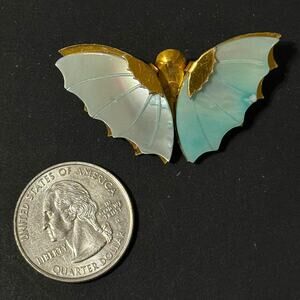 Vintage Gold Tone Butterfly Pin Blue Shell Wings Opalescent